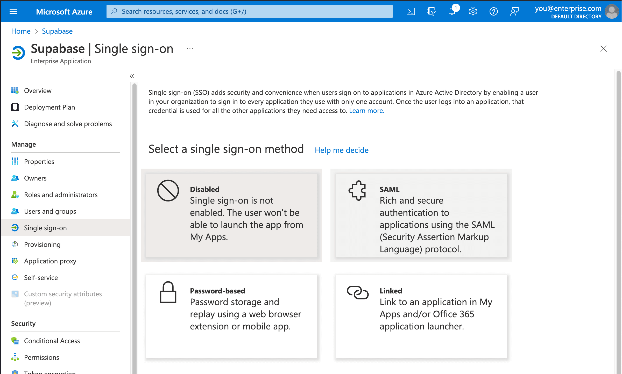 Azure AD console: Supabase application, Single sign-on configuration screen, selected SAML